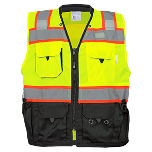 GLOBAL SAFETY VEST GLO-099-M HI/VIS Y/G, 3M REFLECTIVE, BLACK BOTTOM FRONT, ORANGE TRIM